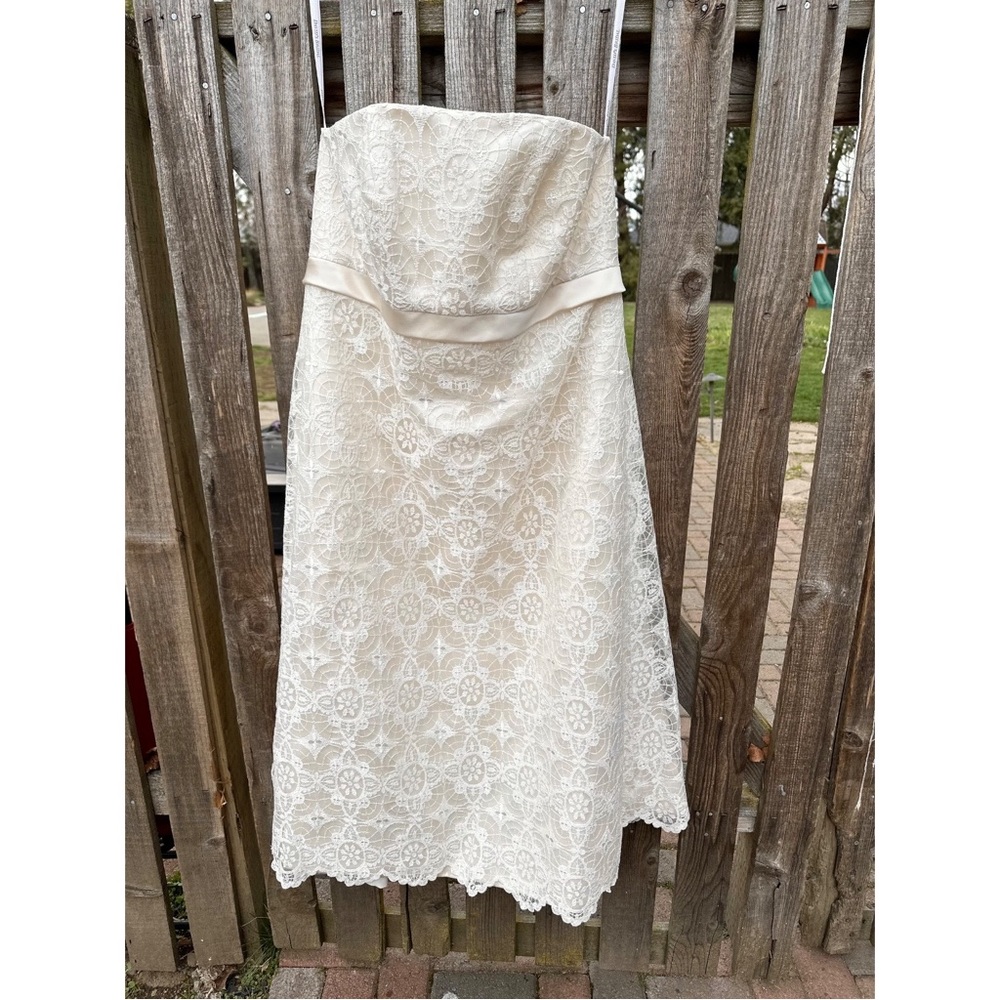 David's Bridal Strapless All Over Lace Tea Length A-Line Ivory Wedding Dress 16W